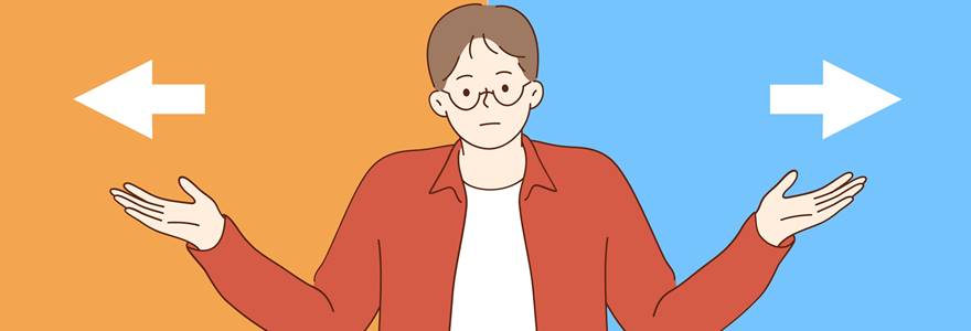 Homem com os braços estendidos tentando escolher uma direção.