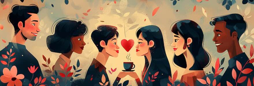 Ilustração editorial moderna representando as 5 linguagens do amor: palavras de afirmação, tempo de qualidade, presentes, atos de serviço e toque físico.