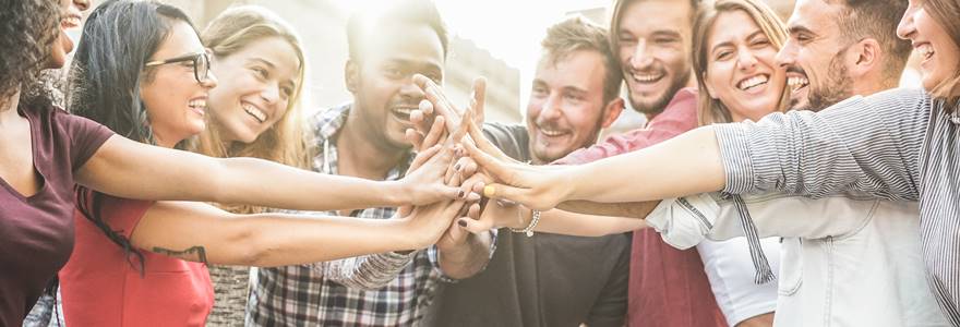 Young,Happy,People,Stacking,Hands,Outdoor,-,Diverse,Culture,Students