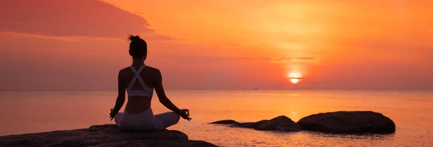 Asian,Woman,Practice,Yoga,On,The,Beach,Sunrise