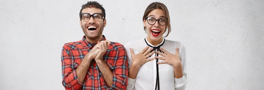 Emotional,Surprised,Happy,Woman,And,Man,Wear,Glasses,,Have,Unbelivable