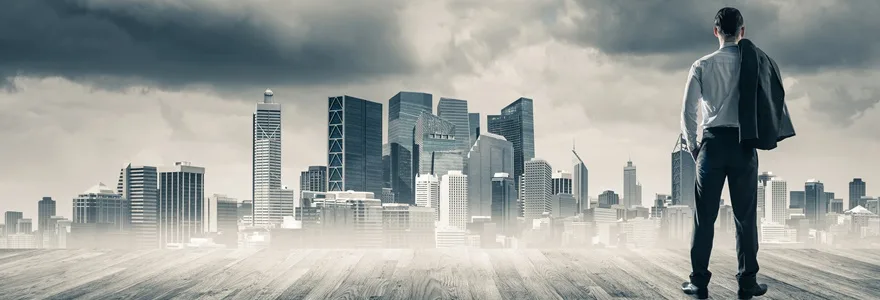 Businessman,Standing,With,Back,And,Looking,At,Business,Cityscape