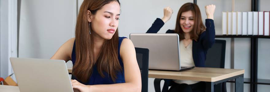 Young,Angry,Envious,Asian,Business,Woman,Looking,Successful,Competitor,Colleague