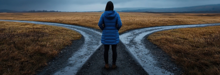 A woman stands in the middle of a road with two paths ahead of her